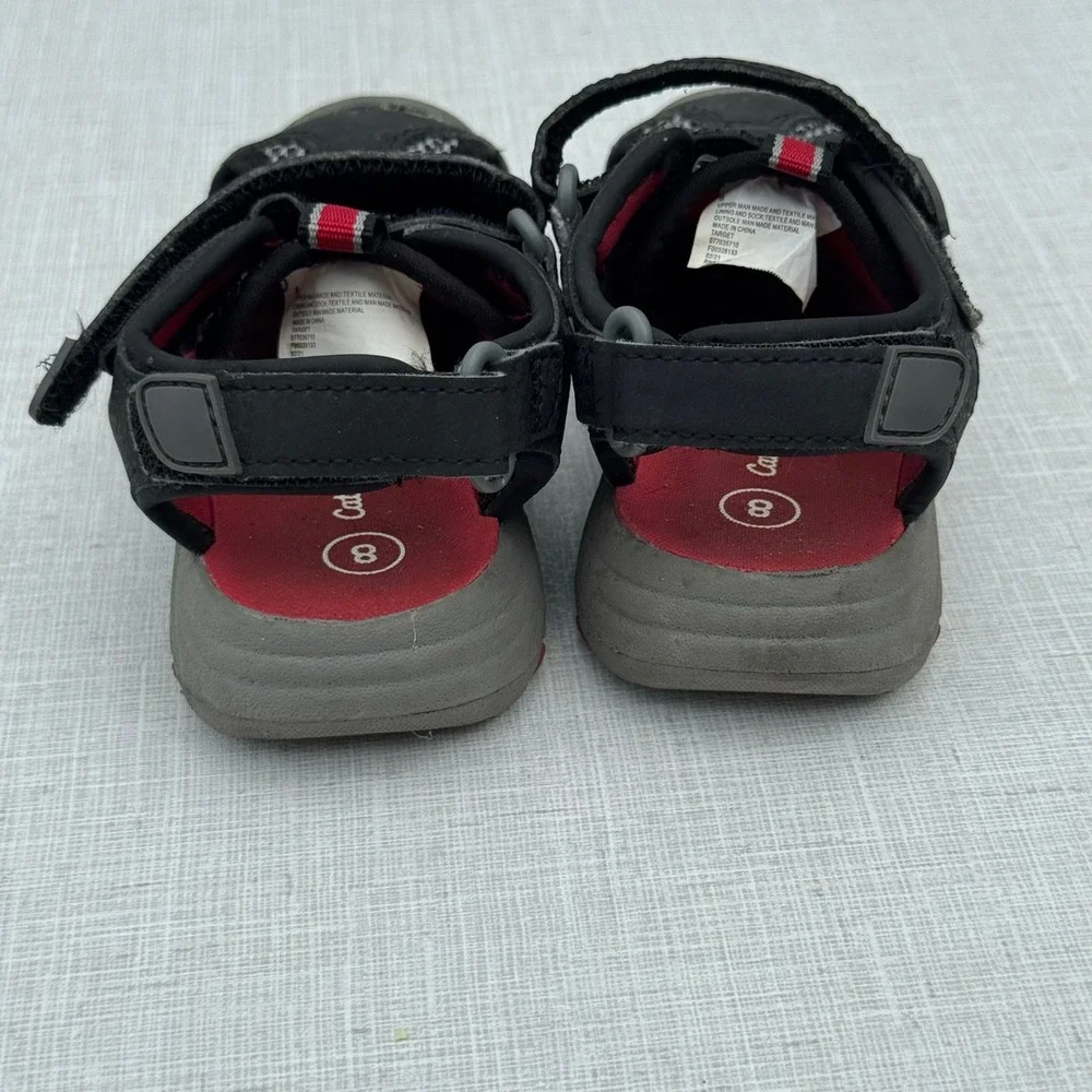 Boys Black & Red Sport Sandals Youth Water Shoes Adjustable‎ Hook Loop Straps 8